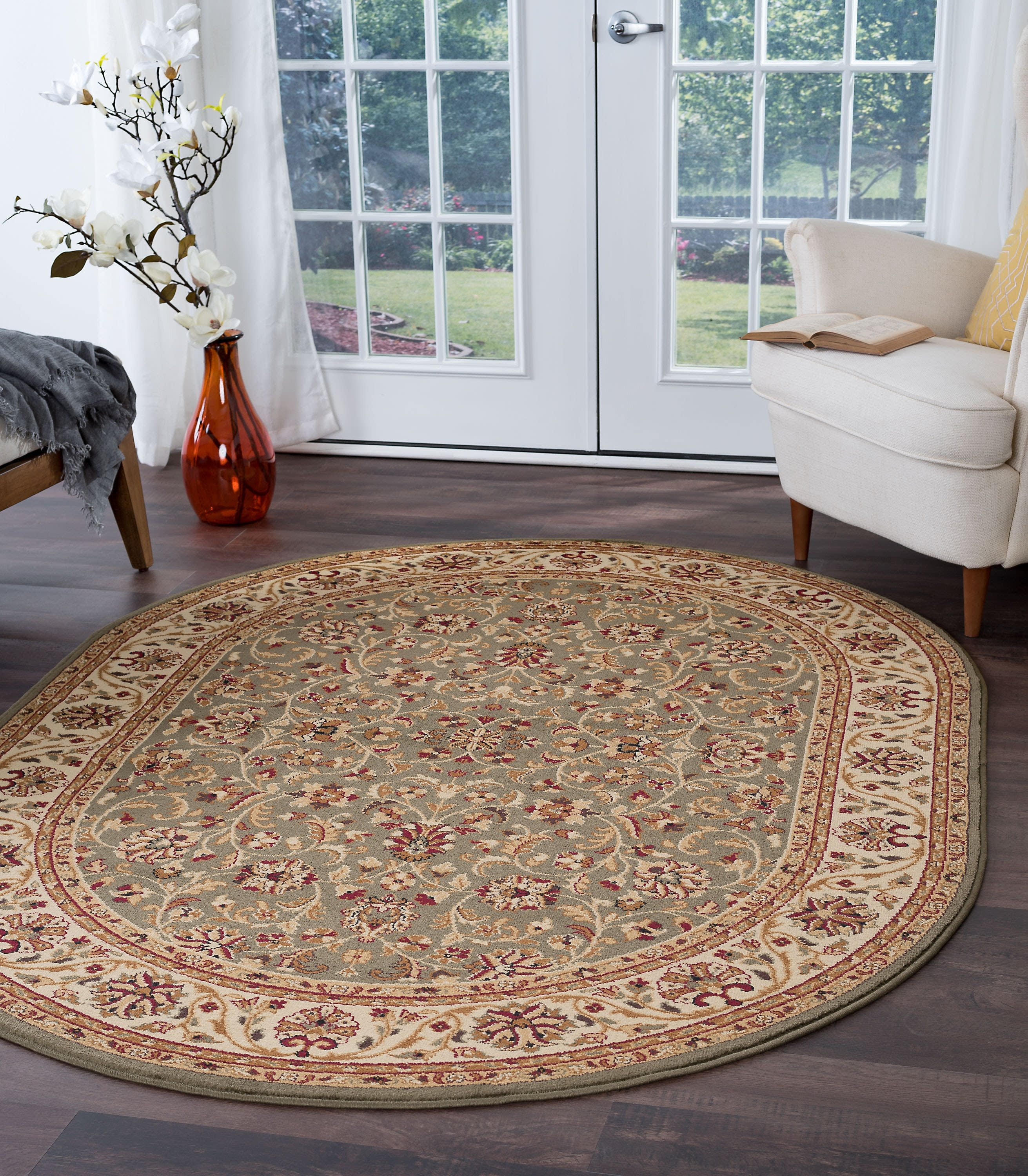 Traditional Area Rug (6'7'' x 9'6'' Oval) Border Green, Beige Living Room Easy to Clean