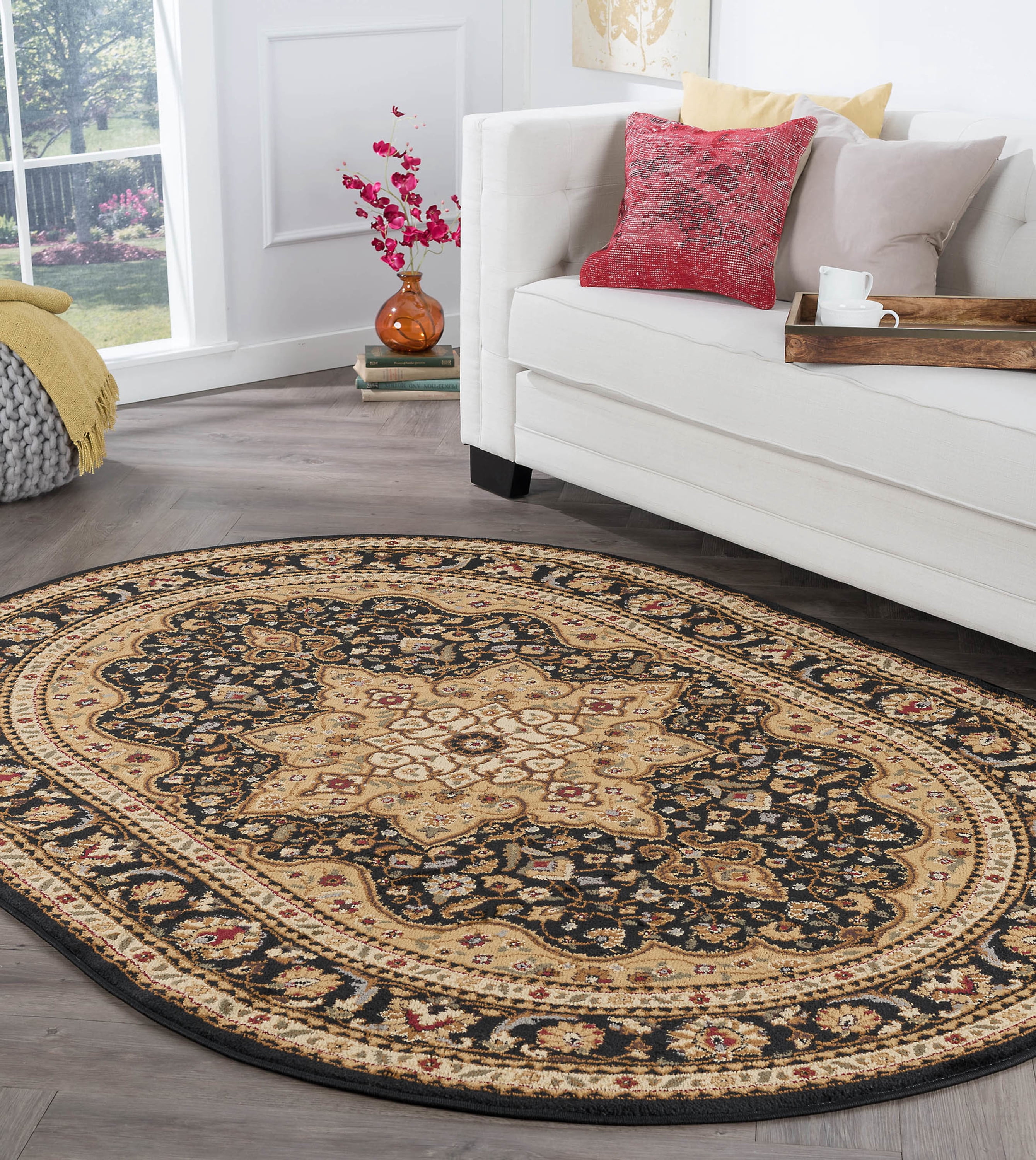 Traditional Area Rug (6'7'' x 9'6'' Oval) Oriental Black, Gold Living Room Easy to Clean