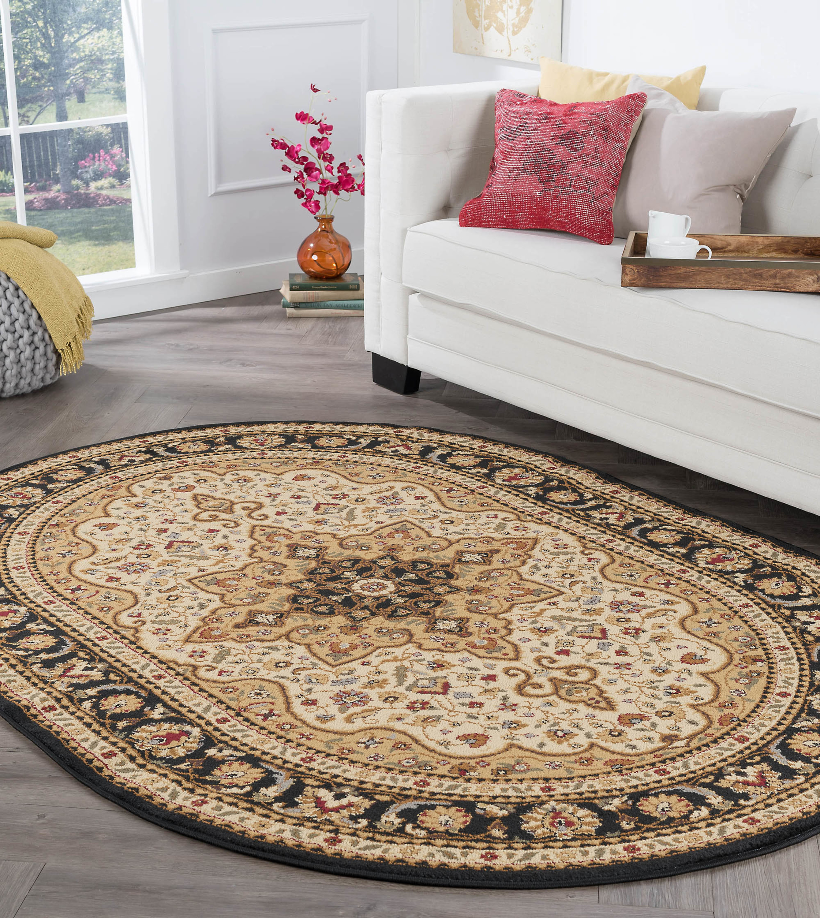 Traditional Area Rug (6'7'' x 9'6'' Oval) Oriental Ivory, Black Living Room Easy to Clean