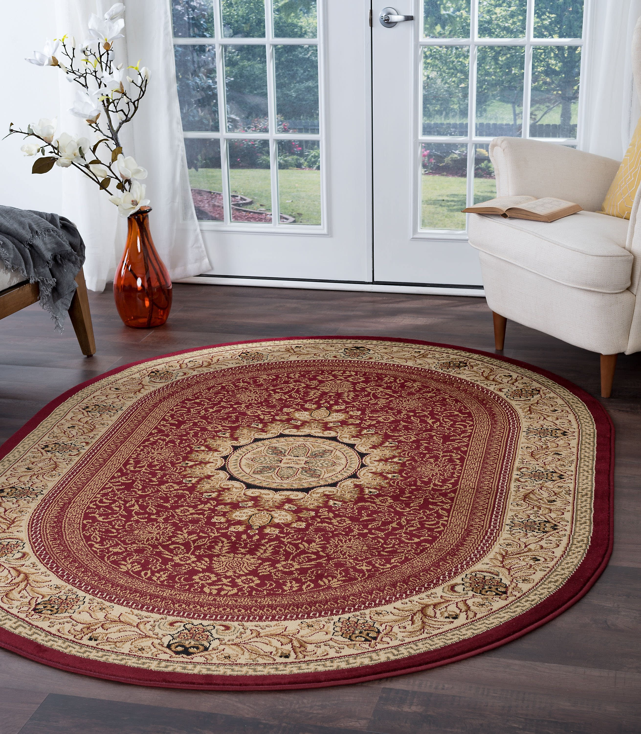Traditional Area Rug (6'7'' x 9'6'' Oval) Oriental Red, Beige Living