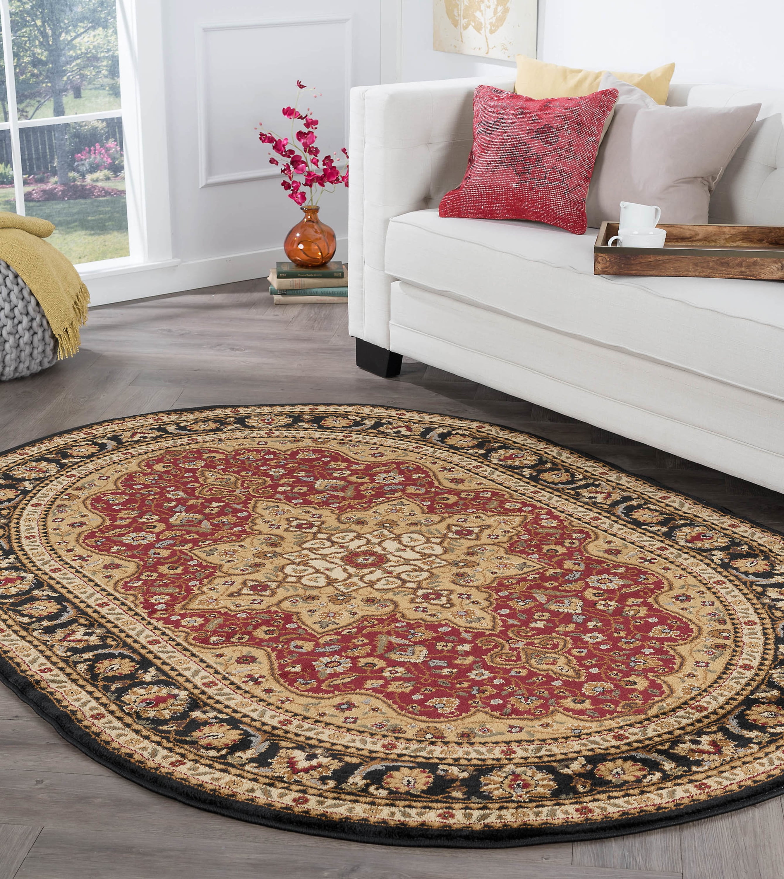 Traditional Area Rug (6'7'' x 9'6'' Oval) Oriental Red, Black Living Room Easy to Clean