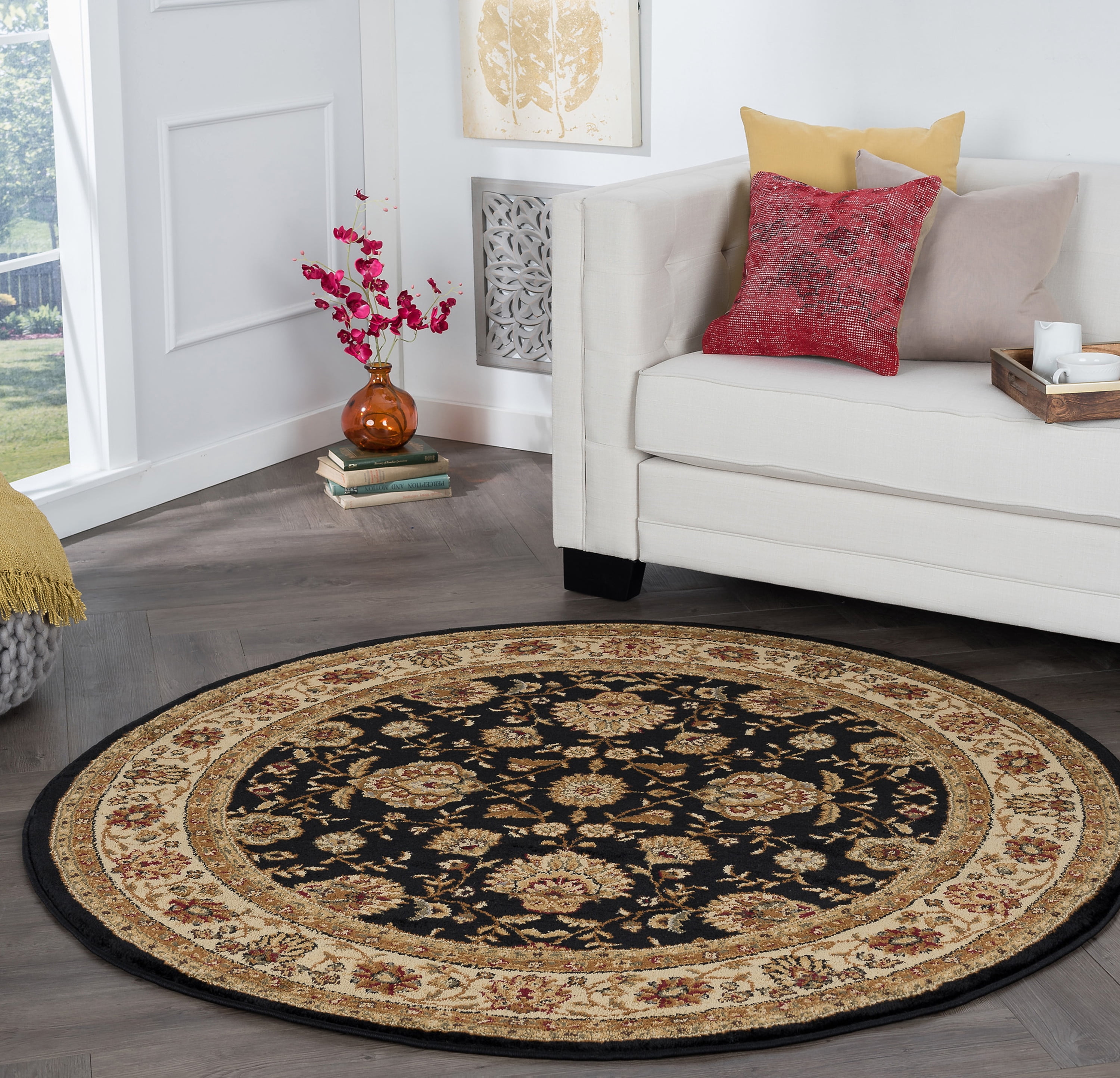 Traditional Area Rug (7'10'' Round) Floral Black, Beige Indoor Round Easy to Clean