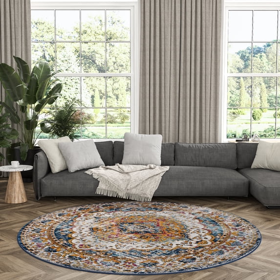 Traditional Area Rug (7'10'' Round) Medallion Yellow, Gold Indoor Round Easy to Clean