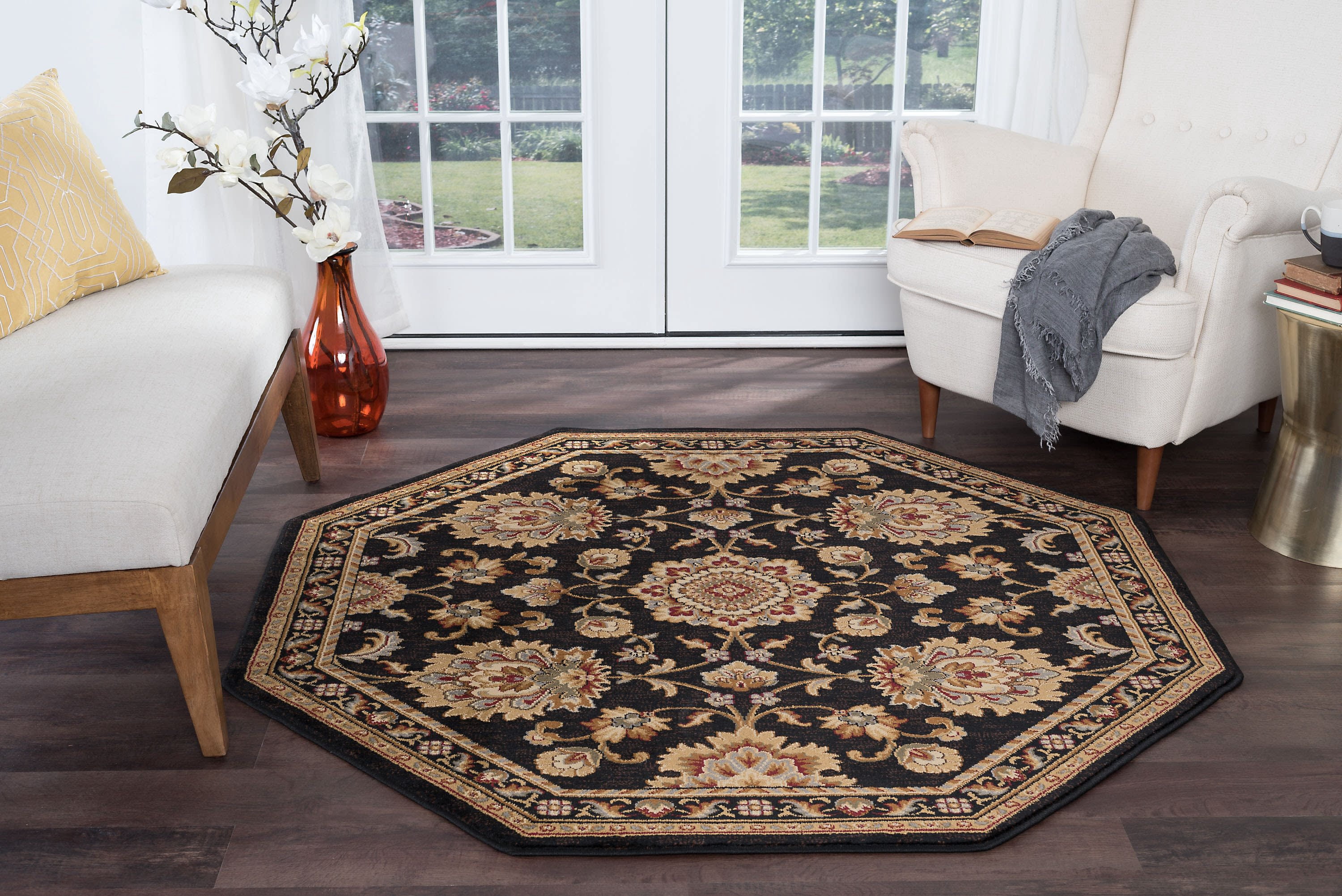 Traditional Area Rug (7'11'' Octagon) Border Black, Gold Indoor Octagon Easy to Clean