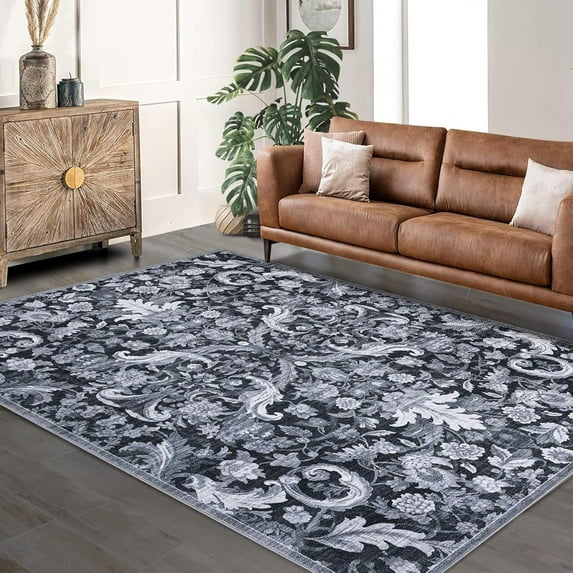 Traditional Area Rug 8'x10' Foldable Indoor Washable Rug Thin Retro Accent Floral Non-Slip Carpet Mat (Grey)
