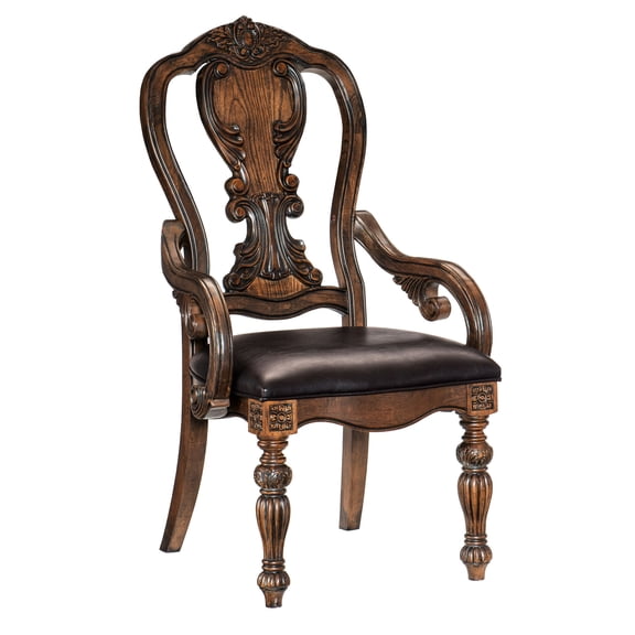 Traditional Arm Chair Set of 2 | Ideal for Family Dinners | Dark Oak Wood and Faux Leather | High - Quality Seating