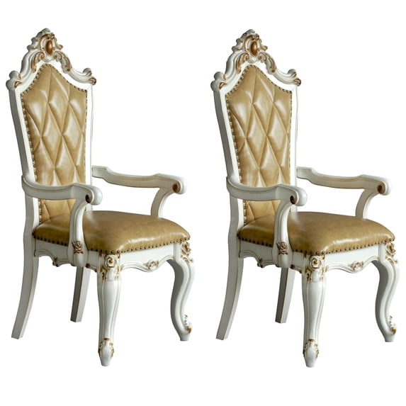 Traditional Arm Chairs in Set of 2 | Adorn Dining Area with Butterscotch Leather | Antique Pearl and Scalloped Design | Offer Comfortable Seating Solution