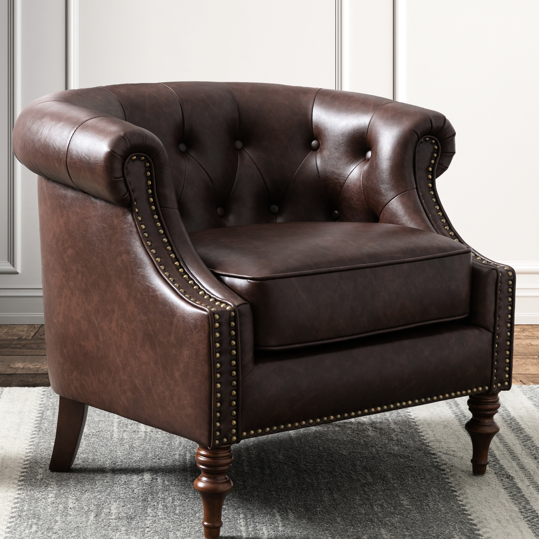 Traditional Armchair, Brown Faux Leather Upholstery, Button Tufting