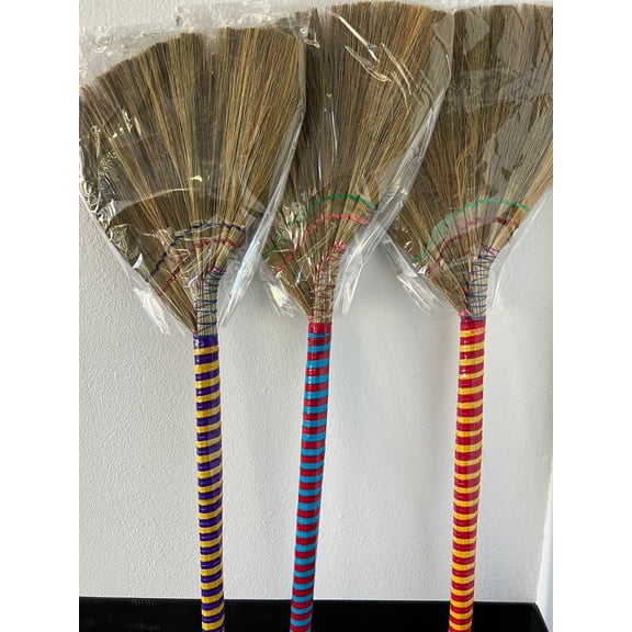 Traditional Asian Broom Set 3 Pack, 40" Handmade Vietnamese Straw Broom, Soft Cleaning for Floors and Kitchen, EffectiveCapture, Multiple Colors