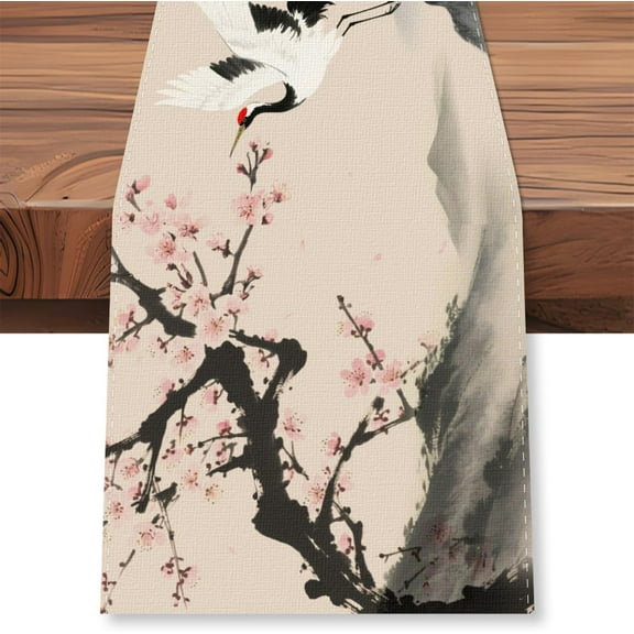 Traditional Asian Nature Landscape Table Runner 13x72 Inch Japanese Sakura Cranes Aesthetic Kitchen Dining Table Decoration Vintage Seasonal Tables Runners for Kitchen Holiday Party Supplies