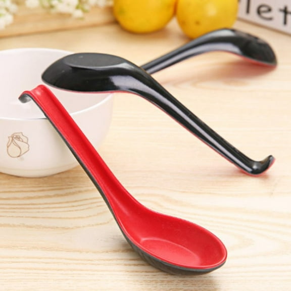 Traditional Asian Style Noodle Soup Spoons For Home Restaurant,Non-Slip Soup Spoons with Hook,Long Handle Chinese Japanese Miso Ramen Wonton Dumpling Pho Rice Noodle Soba Soup Spoons,Red,6.29"