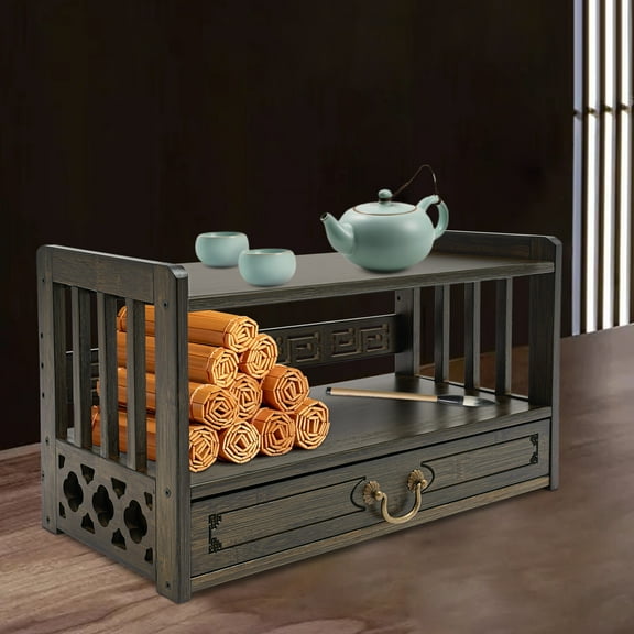 Traditional Bamboo Altar Table, 25x28cm Rectangular Shape with Hardware Handle, 3-Tier Structure and Drawer, Ideal for Buddha Statues, Tea Sets, and Ritual Items