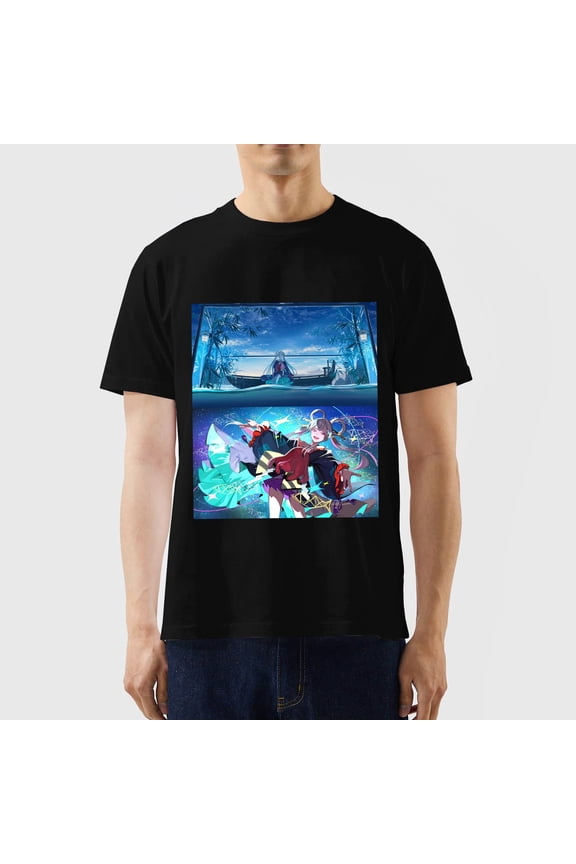 Traditional Bamboo Moonlit Princess & Vivid Neon Pop-Art Anime Girl Graphic Black T-Shirt