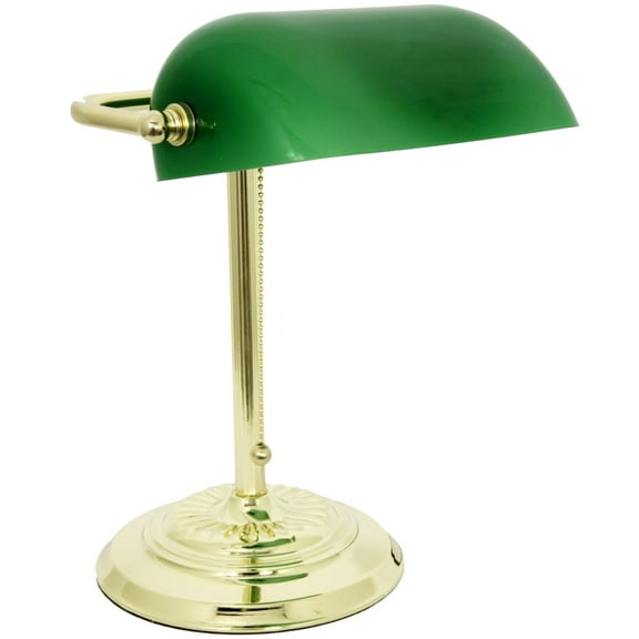 Traditional Bankers Desk Lamp with Green Glass Shade and Brass Finish