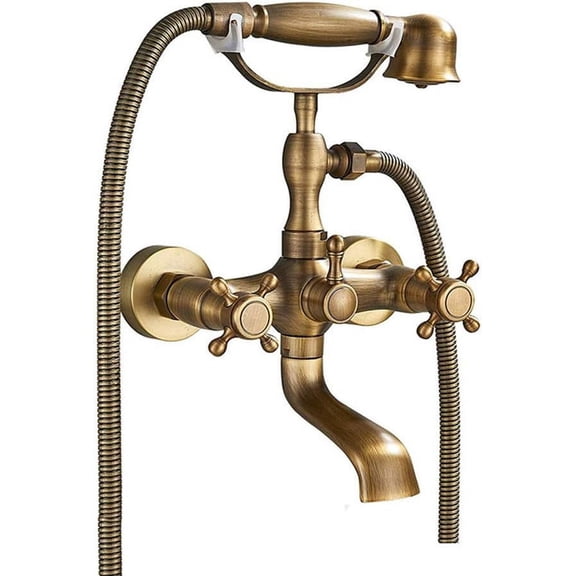 Traditional Bathtub Tap with Handheld Shower Head, Dual Handle Hot and Cold Water Bathtub Faucet, Wall Mounted, Antique Brass
