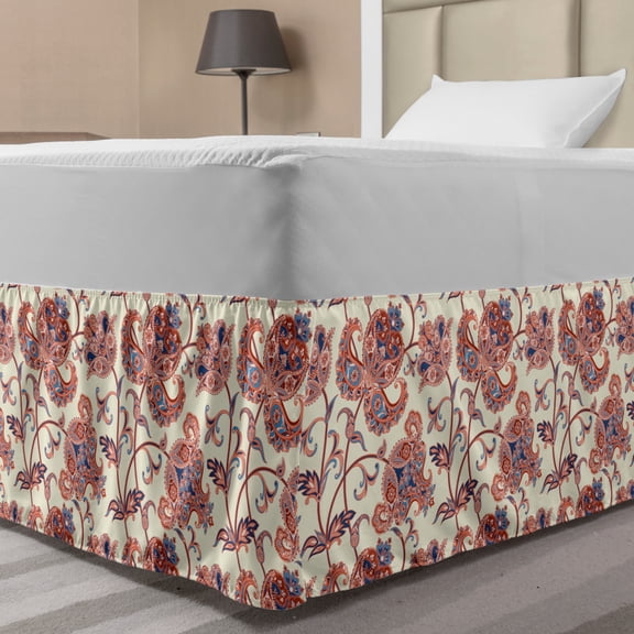 Traditional Bed Skirt, Paisley Leaves and Ornamental Blossoms Floral Boho Persian Ethnic, Elastic Bedskirt Dust Ruffle Wrap Around for Bedding Decor, 4 Sizes, Multicolor, by Ambesonne