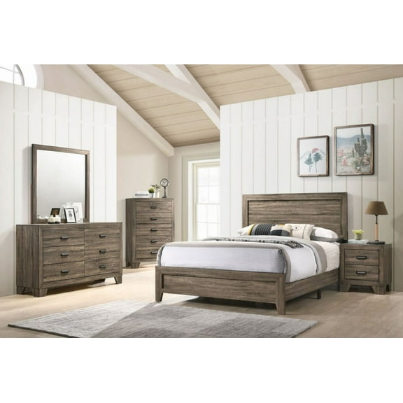 Traditional Bedroom Furniture Set Panel Bed Dresser Mirror Nightstand Set 5Pc Queen Size Gray Wooden Finish
