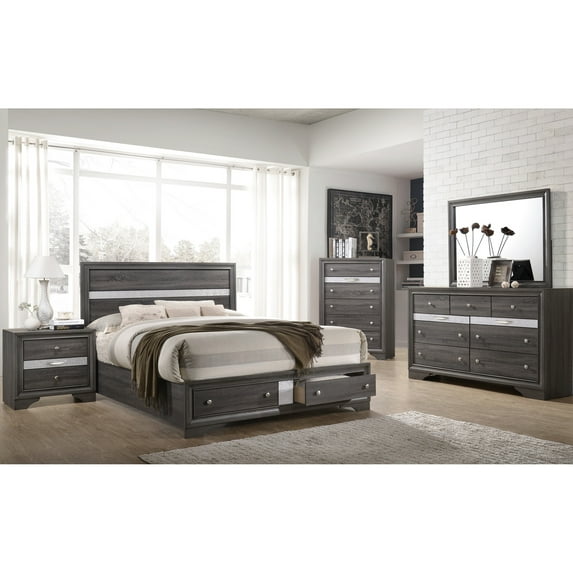 Traditional Bedroom In Gray - 5 Pc For Queen With Storage Wood Bed, 7 Chest Of Drawers, Elegant Looking Mirror, 5 Chest, 2 Nightstand Furnishings Bed Storage, Dresser, Alluring