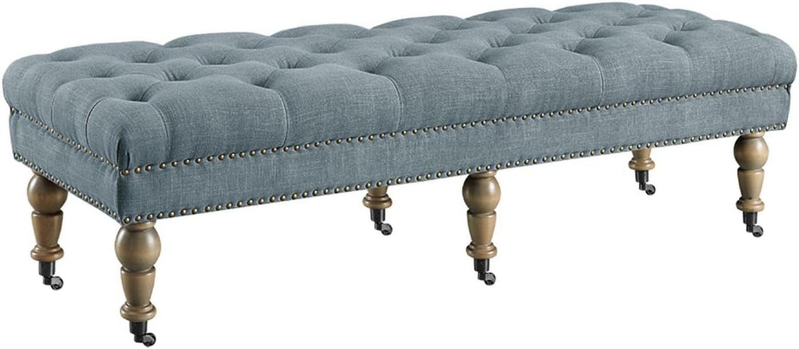 62" Washed Blue Linen Upholstered Traditional Bench