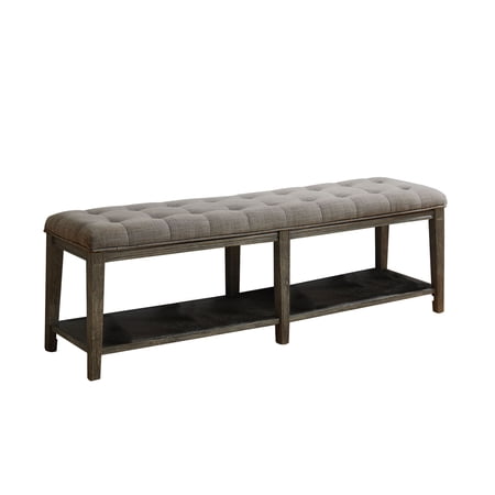 Traditional Bench with Button Tufted Seat and Open Bottom Shelf Gray