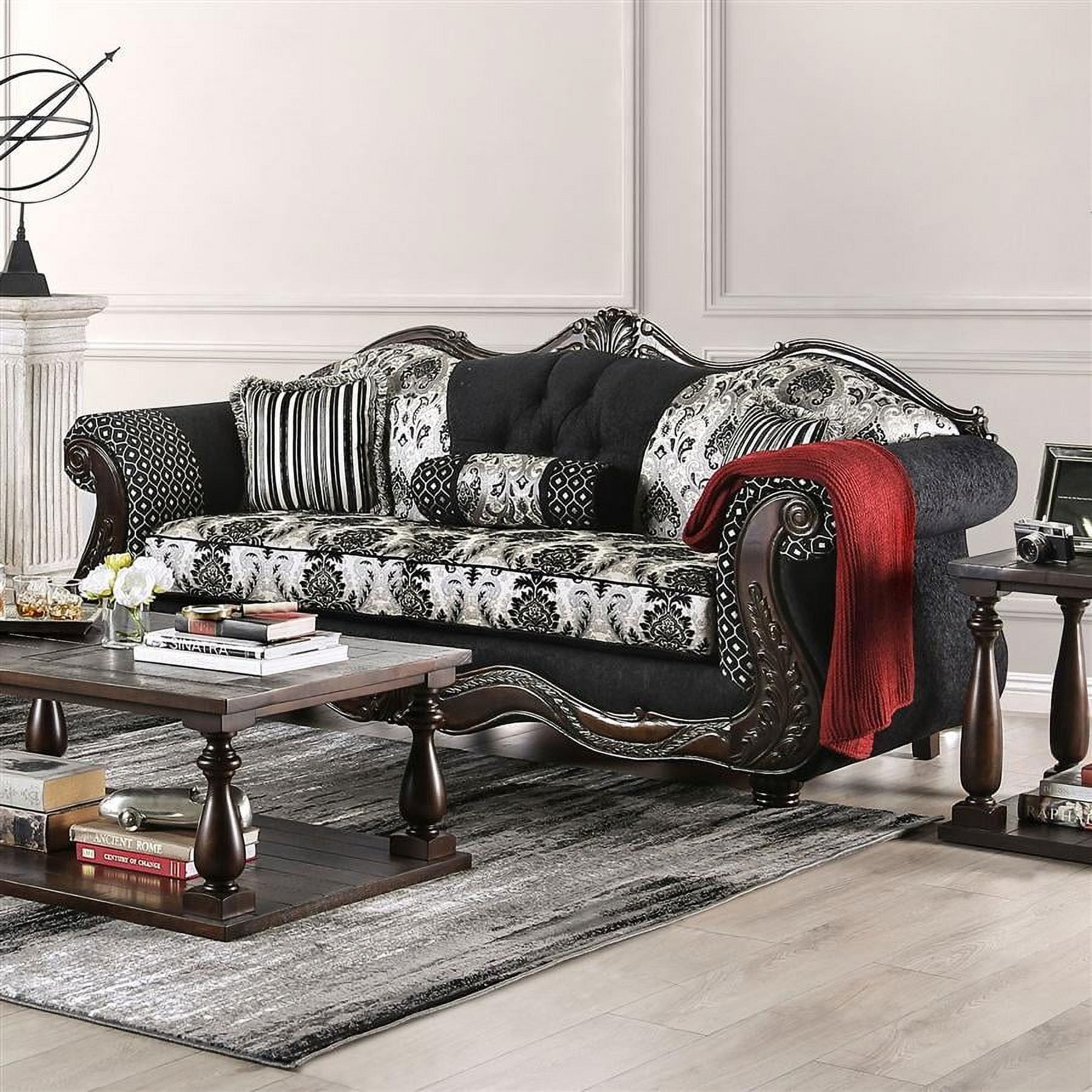 Traditional Black Chenille Sofa with Rolled Arms and Wood Trim