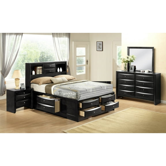 Traditional Black Finish 4pc Queen Size Bed 8 Storage Drawers Nightstand Dresser Mirror Hardwood