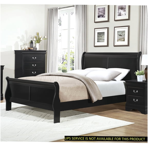 Traditional Black Queen Bed Frame with Sleigh Headboard, Footboard & Rails for Elegant Master Suite