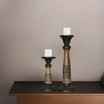 Traditional Black Wash Eco-friendly Handmade Mango Wood Set Of Two 9" & 15" Pillar Candle Holder for use, Living Room, Dinning Room, Study Room, Spa, Restaurants, Place Of Worship, etc