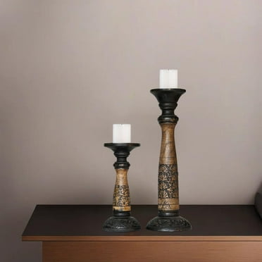 Traditional Black Wash Eco-friendly Handmade Mango Wood Set Of Two 9" & 15" Pillar Candle Holder for use, Living Room, Dinning Room, Study Room, Spa, Restaurants, Place Of Worship, etc