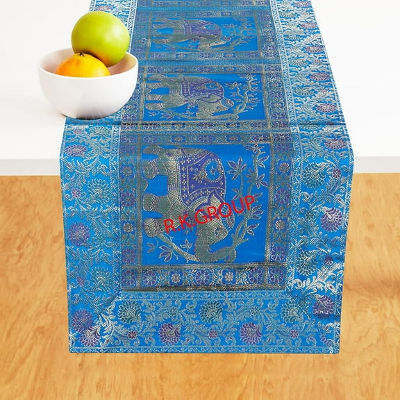 Traditional Blue Silk Table Runner Decorative Silk Table Cloth Indian Decor Ethic Floral Designed Center Table Cover 60X16 Inchs