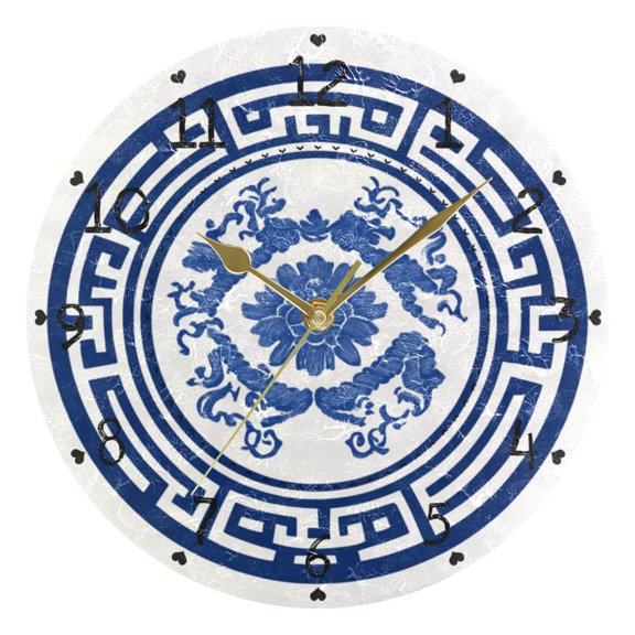 Traditional Blue White Porcelain Pattern Round Wall Clock Silent Analog Battery Operated Gold Pointer Home Decor 9.84" Diameter