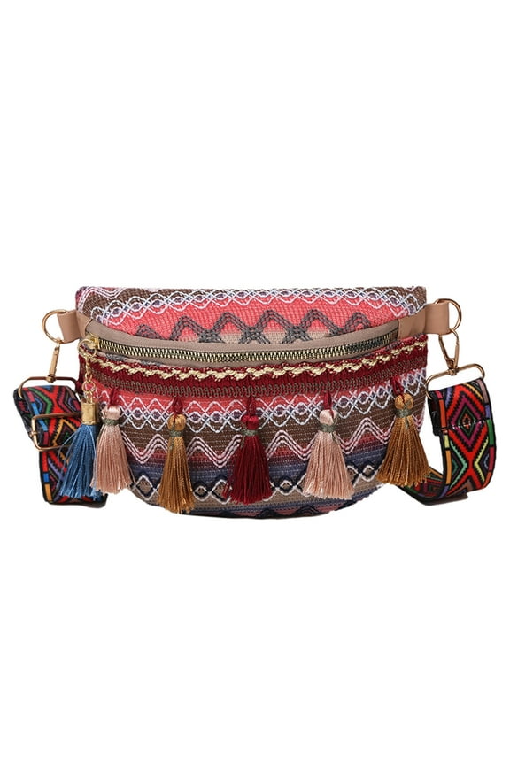 Traditional Bohemian Fringe Woven Shoulder Bag Women’s Ethnic Waist Pack Tribal Print Crossbody Purse Lightweight Chest Bag for Summer Outdoor Activities