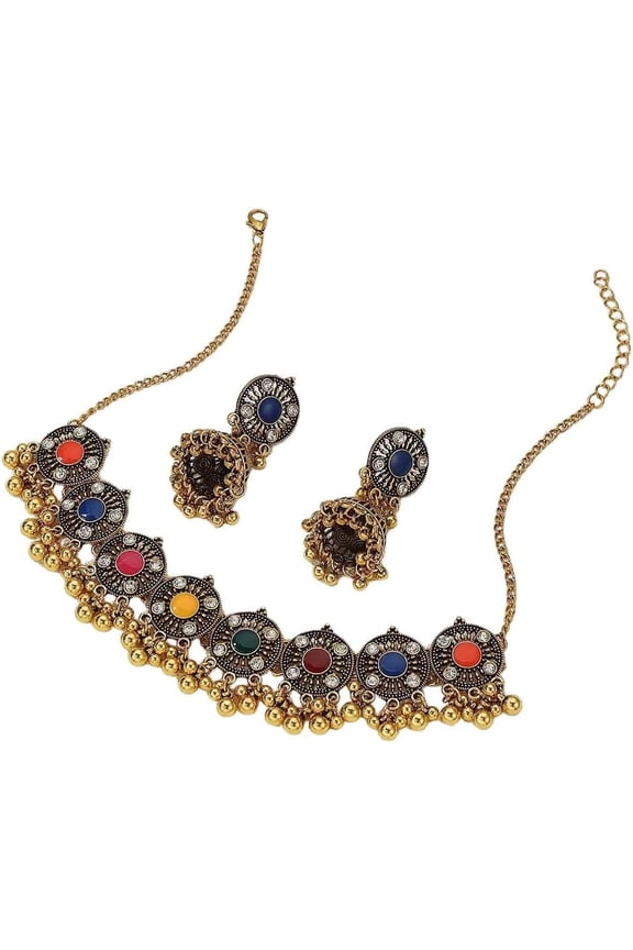 Traditional Bollywood Beaded Ball Jhumka Tribe Collar Necklace Dangle Drop Earrings Jewelry Set for Women Vintage Crystal CZ Indian Bell Adjustable Choker Necklaces Boho Bride Wedding Outfit