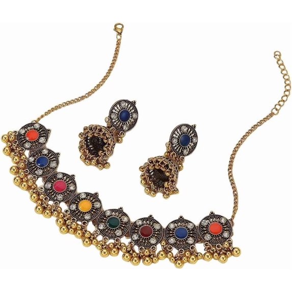 Traditional Bollywood Beaded Ball Jhumka Tribe Collar Necklace Dangle Drop Earrings Jewelry Set for Women Vintage Crystal CZ Indian Bell Adjustable Choker Necklaces Boho Bride Wedding Outfit