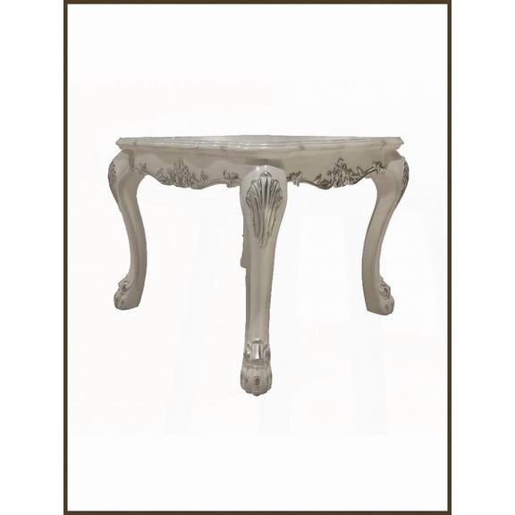 Traditional Bone White Coffee Table with Oversized Claw Legs, Scalloped Floral Top for Living Room