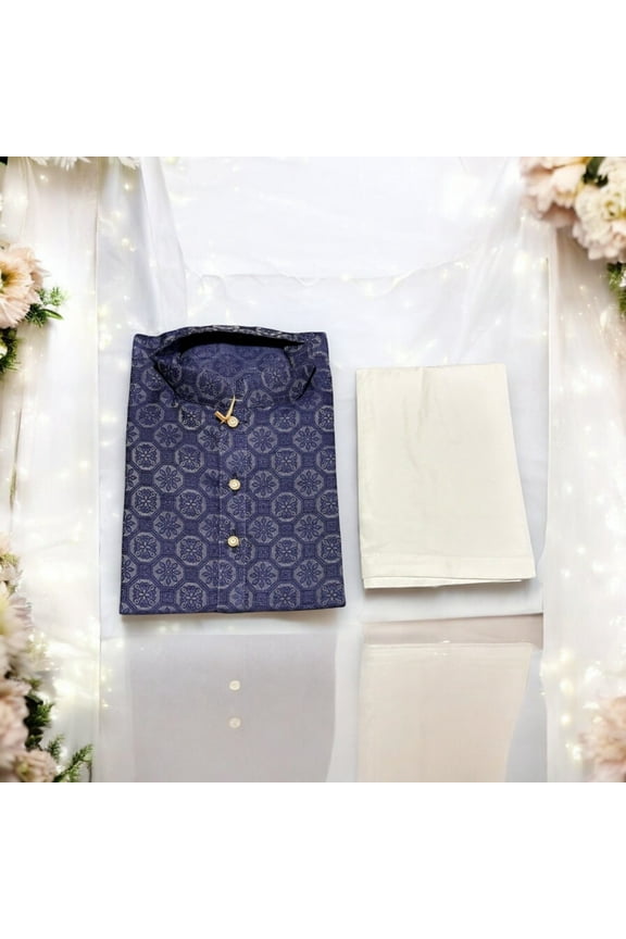 Traditional Boys Navy Blue Printed Kurta Pajama, 6441