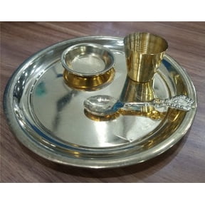 Traditional Brass Pooja Thali Set (Pack of 2) with Kumkum Bowl, Brass Kalash, Decorative Spoon & Raksha Thread | Complete Prayer Plate Set for Home Temple, Festivals & Daily Worship