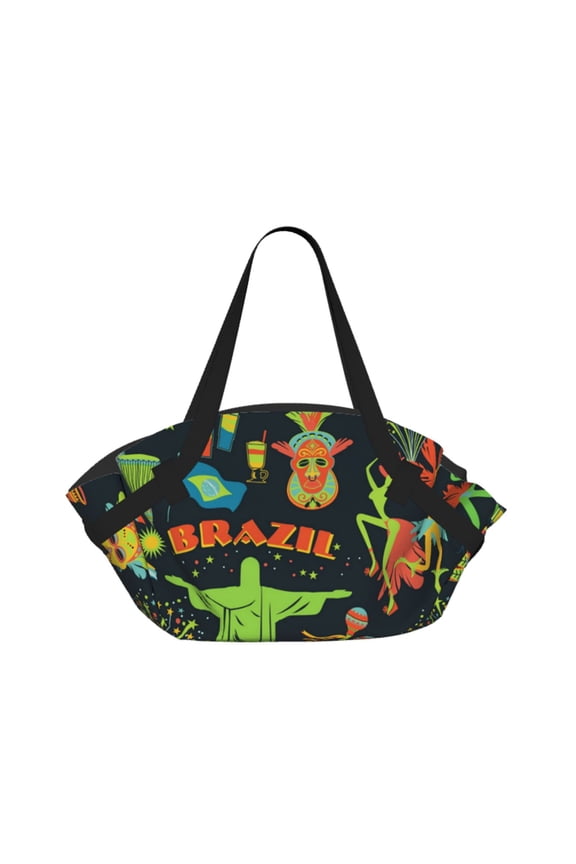 Traditional Brazilian 2-in-1 Foldable Picnic Blanket Tote Bag Shoulder Handbag, Large Circular Outdoor Mat for Beach Camping Park