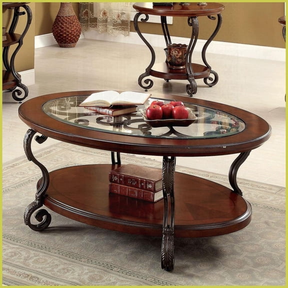 Traditional Brown Cherry Coffee Table with Ornate Metal Scroll Legs & Open Bottom Shelf for Living Room