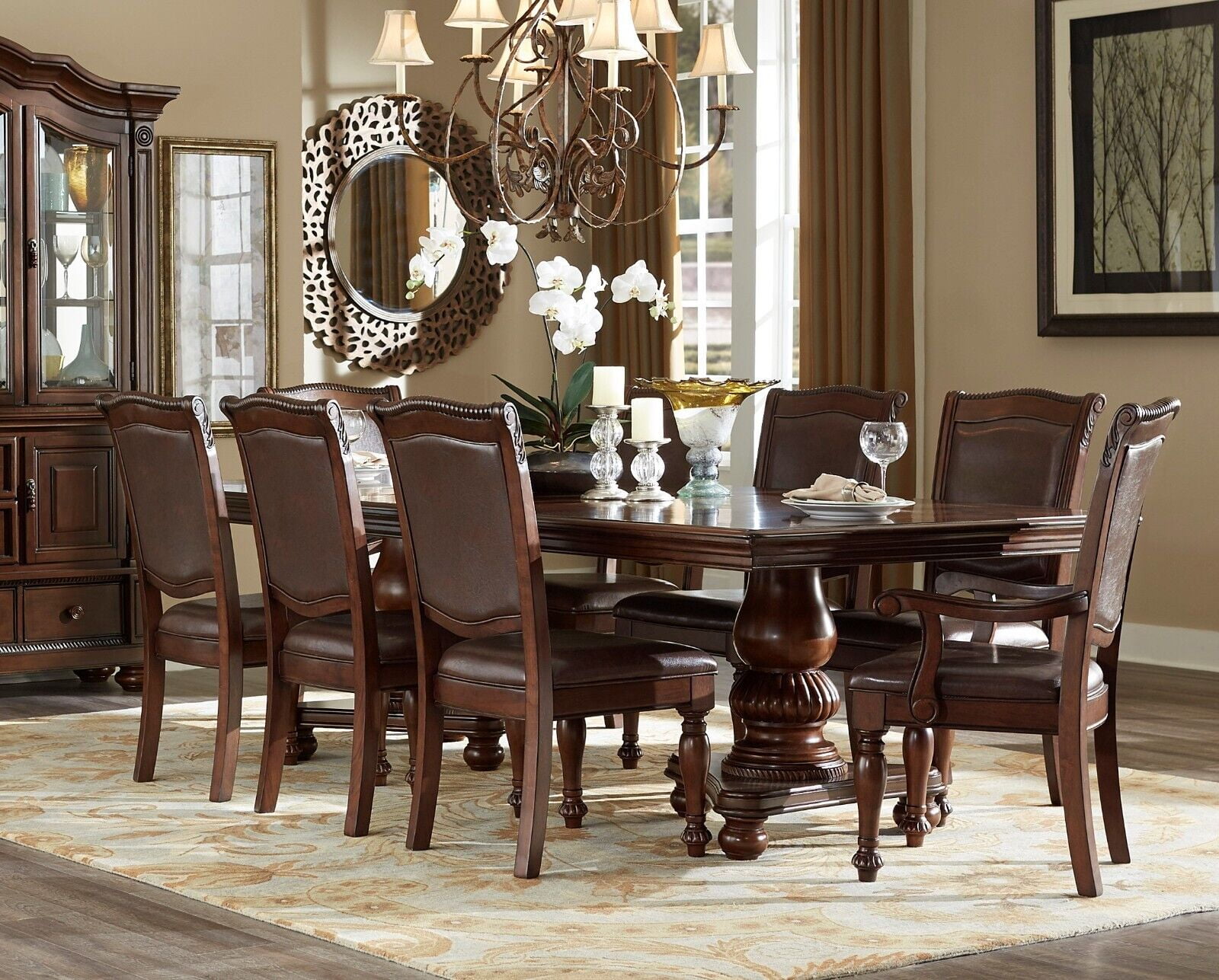 9 Piece Traditional Dining Set with Extension Leaf Faux Leather Chairs 9 Piece Traditional Dining Set with Extension Leaf Faux Leather Chairs