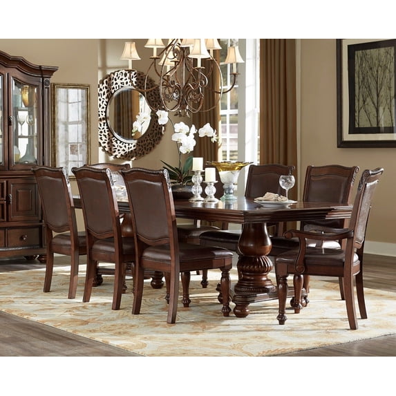 Traditional Brown Cherry Finish 9pc Formal Dining Set Table 2 Arm Chairs 6 Side Chairs Wooden Dining Furniture
