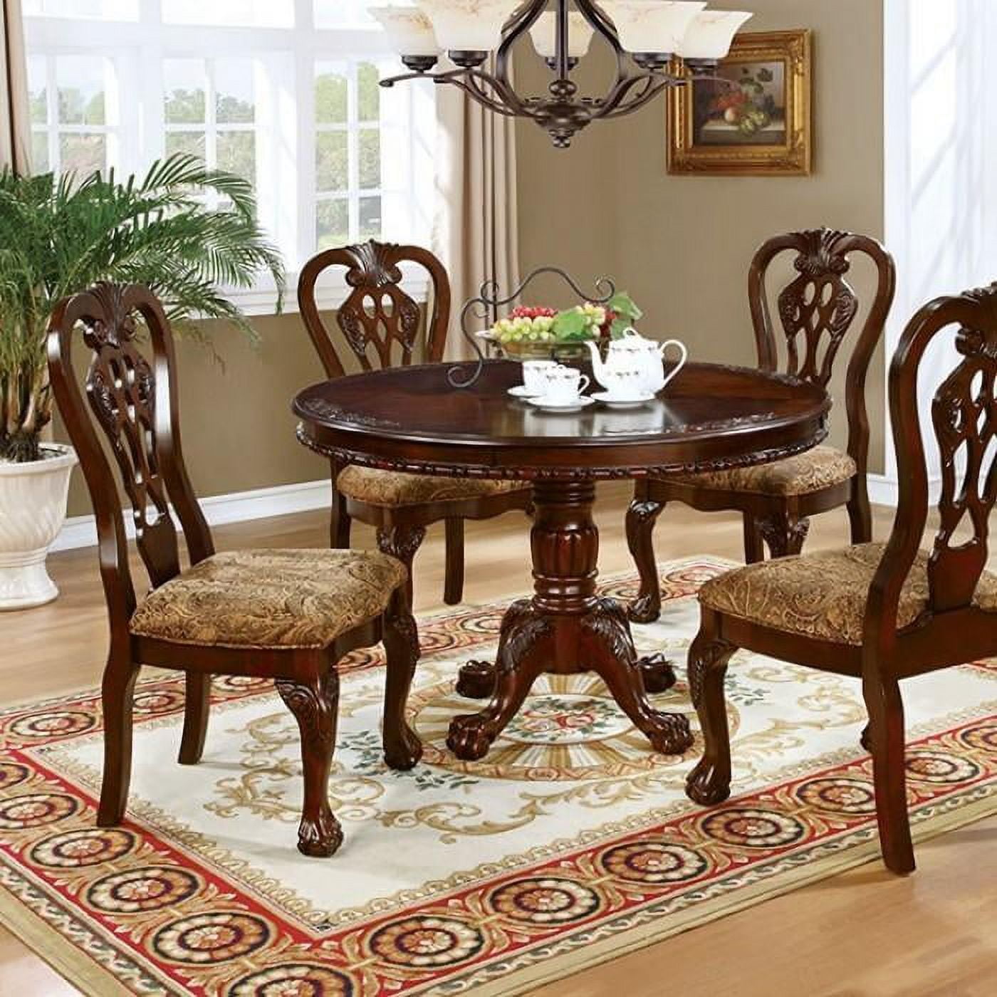 Traditional Brown Cherry Solid Wood Round Dining Table Set 6pcs FOA ...