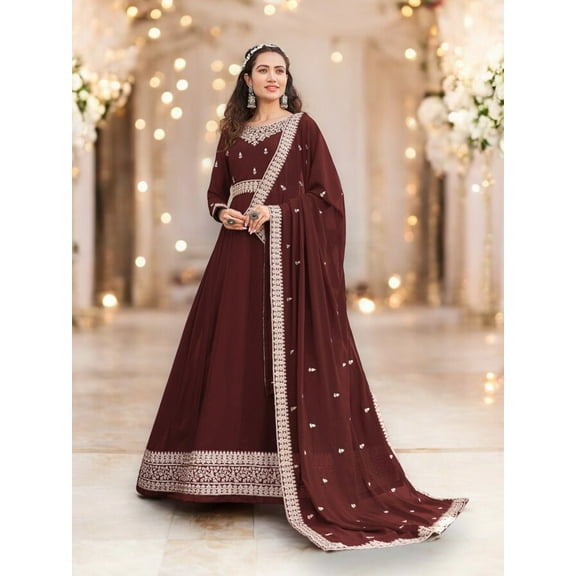 Traditional Brown Color Faux Georgette Gown with Heavy Work,Cultural Wear for Women
