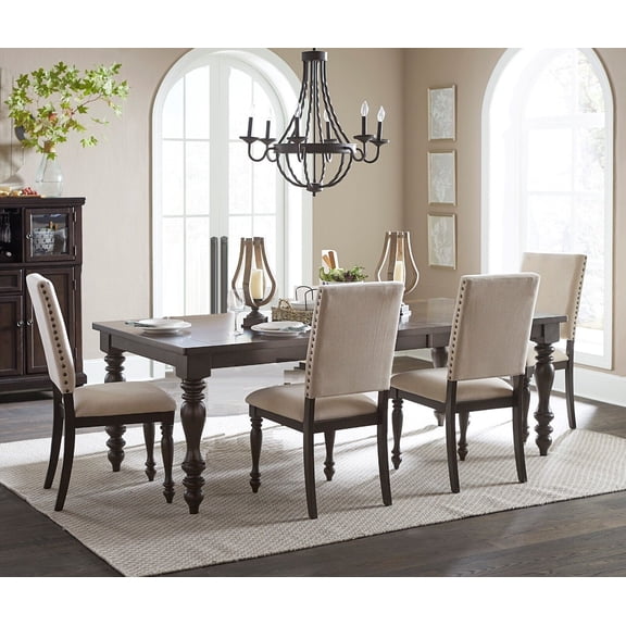 Traditional Brown Finish 5pc Dining Set Classy Look Wooden Dining Table w Leaf and 4x Upholstered Chairs Nailhead Trim