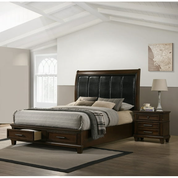 Traditional Brown Upholstery PU HB King Storage Bed Dresser Mirror 3pc Set