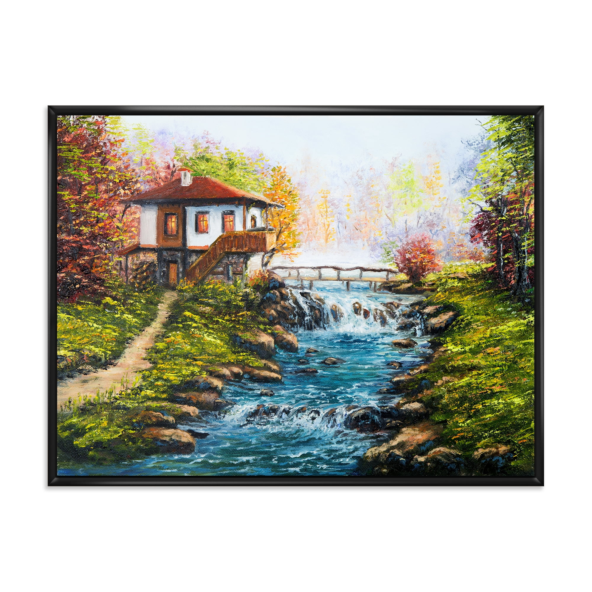 Traditional Bulgarian River and House 32 in x 16 in Framed Painting Canvas Art Print, by Designart