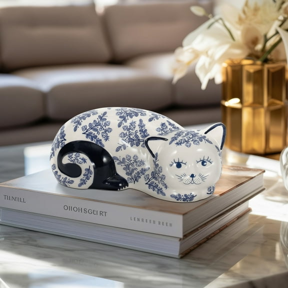Traditional Cat Figurine - Chinoiserie Floral Pattern - Handcrafted Ceramic Ceramic Home Decor for Living Room, Bedroom, Office - 4" Blue & White