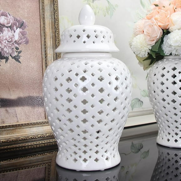 Traditional Ceramic Ginger Jar Flower Vase Porcelain Storage Jar with Lid Oriental Ornament for Living Room Home Restaurant Decor Collection