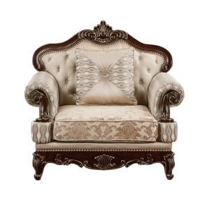 Traditional Chair - Cherry Finish with Gold Tipping, Faux Crystal-Tufted Brown Chenille Fabric, and Toss Pillow