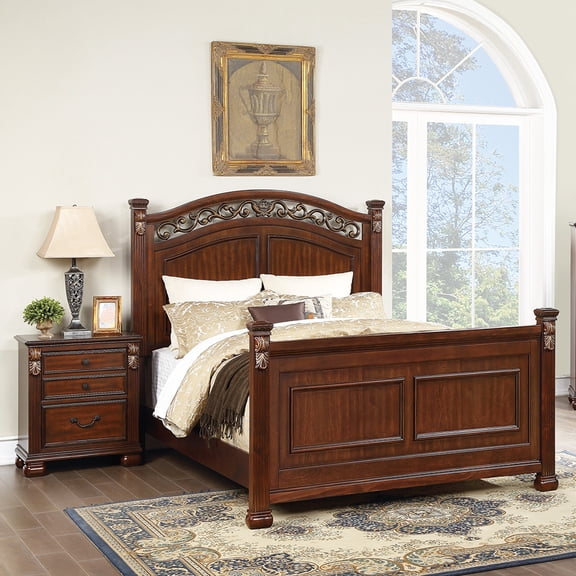 Traditional Cherry Finish Eastern King Bed with 2 Nightstands, Antique Design, Carved Posts, Wood Frame, 3pc Bedroom Set